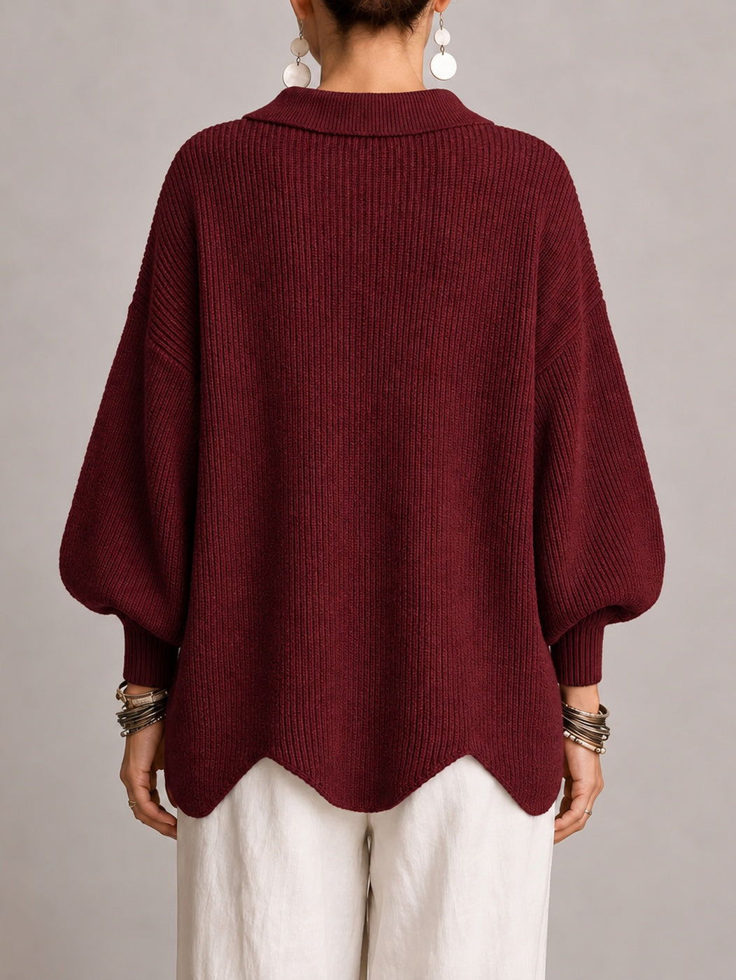 Loredana | Cardigan Oversize Côtelé à Bord Festonné, Bordeaux