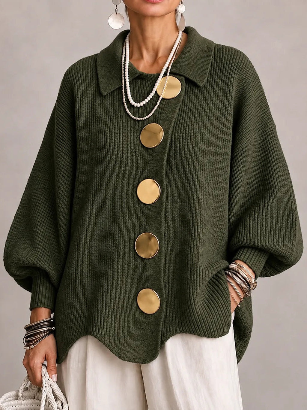Elvira | Cardigan Oversize Côtelé à Bord Festonné, Vert Olive