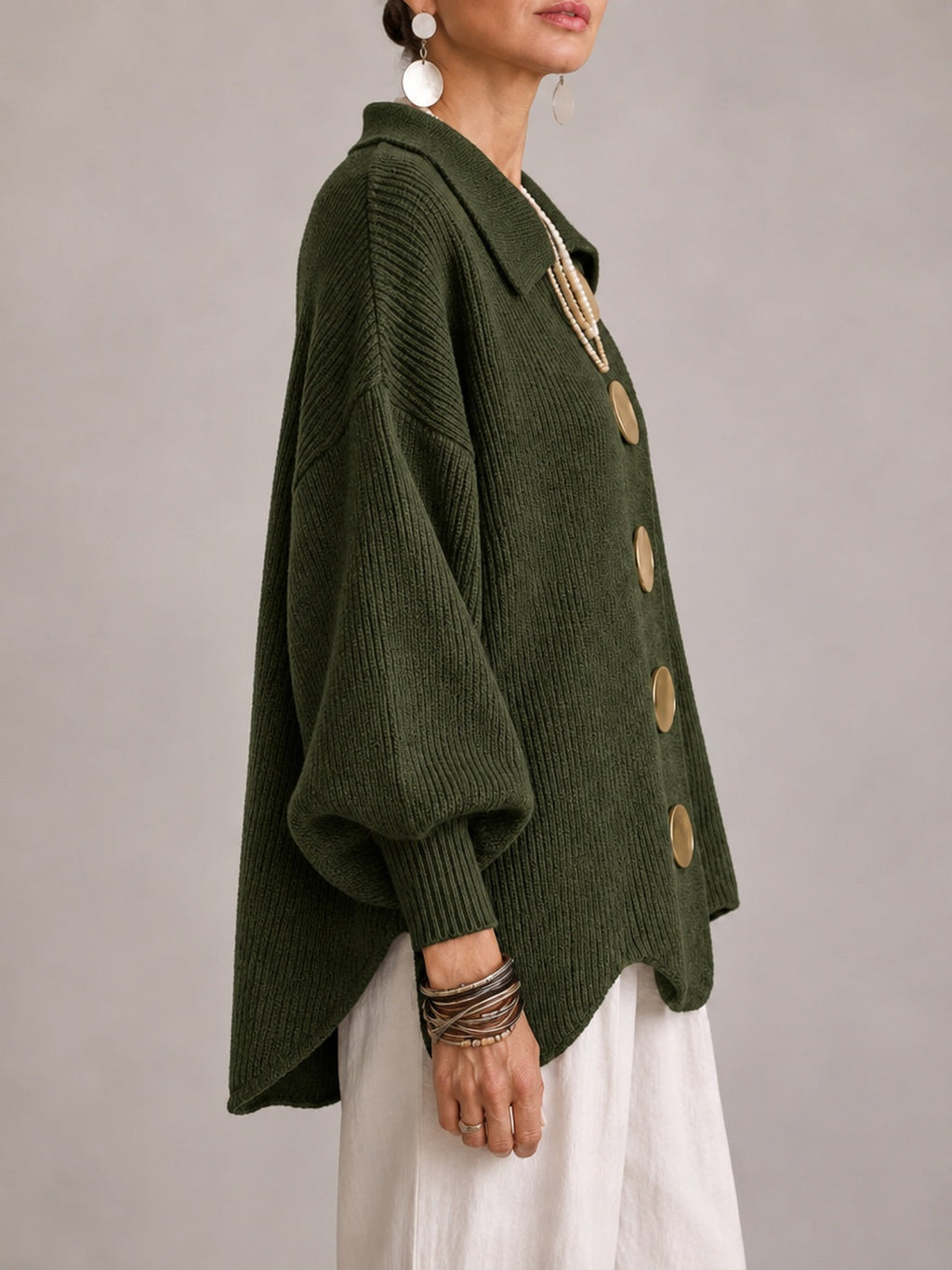 Elvira | Cardigan Oversize Côtelé à Bord Festonné, Vert Olive