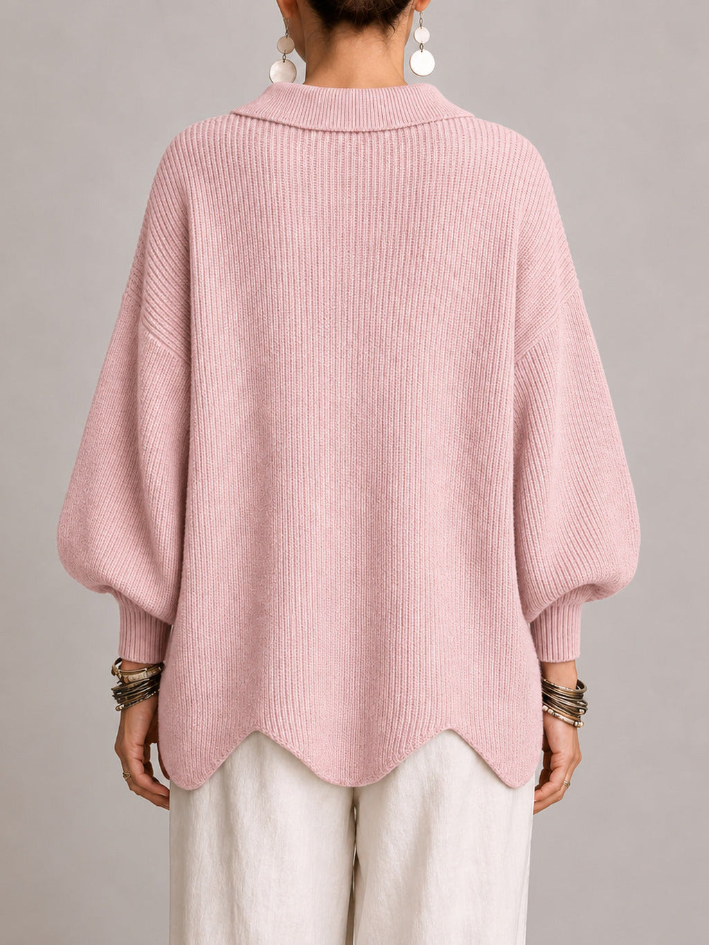 Clelia | Cardigan Oversize Côtelé à Bord Festonné, Rose Poudré