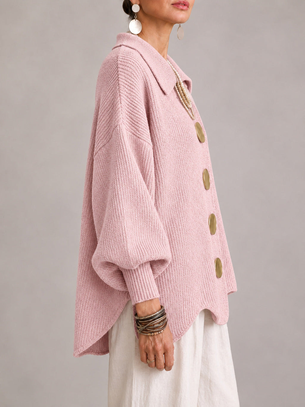 Clelia | Cardigan Oversize Côtelé à Bord Festonné, Rose Poudré
