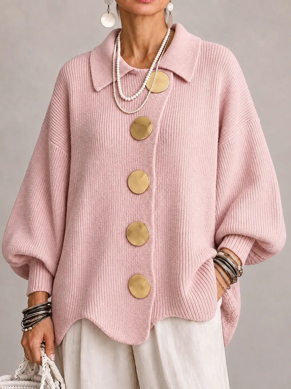 Clelia | Cardigan Oversize Côtelé à Bord Festonné, Rose Poudré