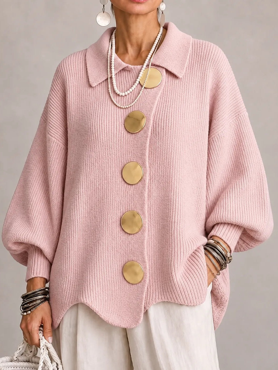 Clelia | Cardigan Oversize Côtelé à Bord Festonné, Rose Poudré