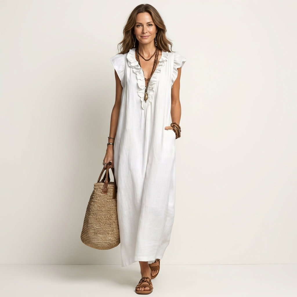 Giulia | Robe Maxi en Mélange de Lin à Volants et Décolleté en V