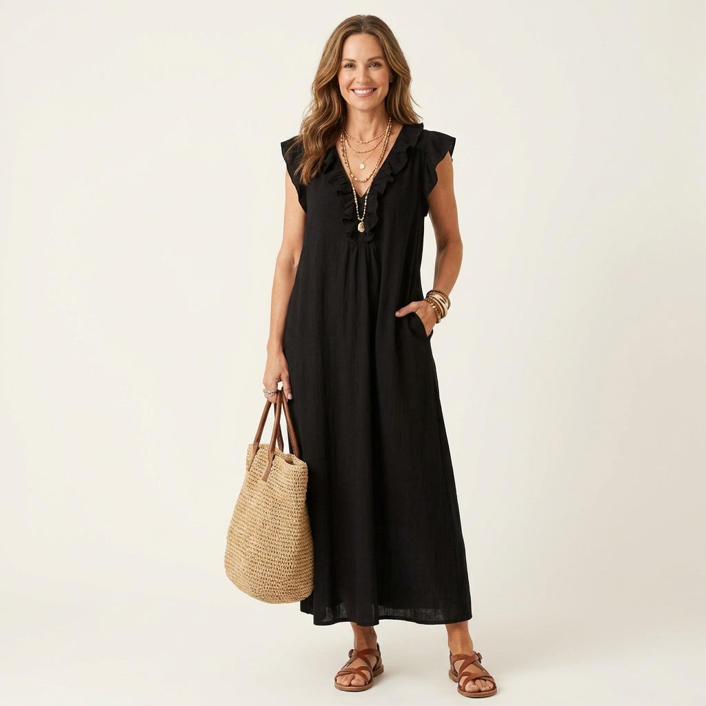 Giulia | Robe Maxi en Mélange de Lin à Volants et Décolleté en V