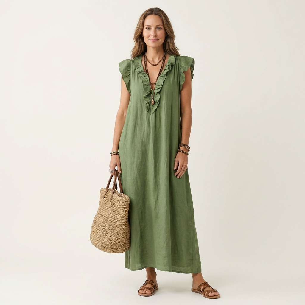 Giulia | Robe Maxi en Mélange de Lin à Volants et Décolleté en V