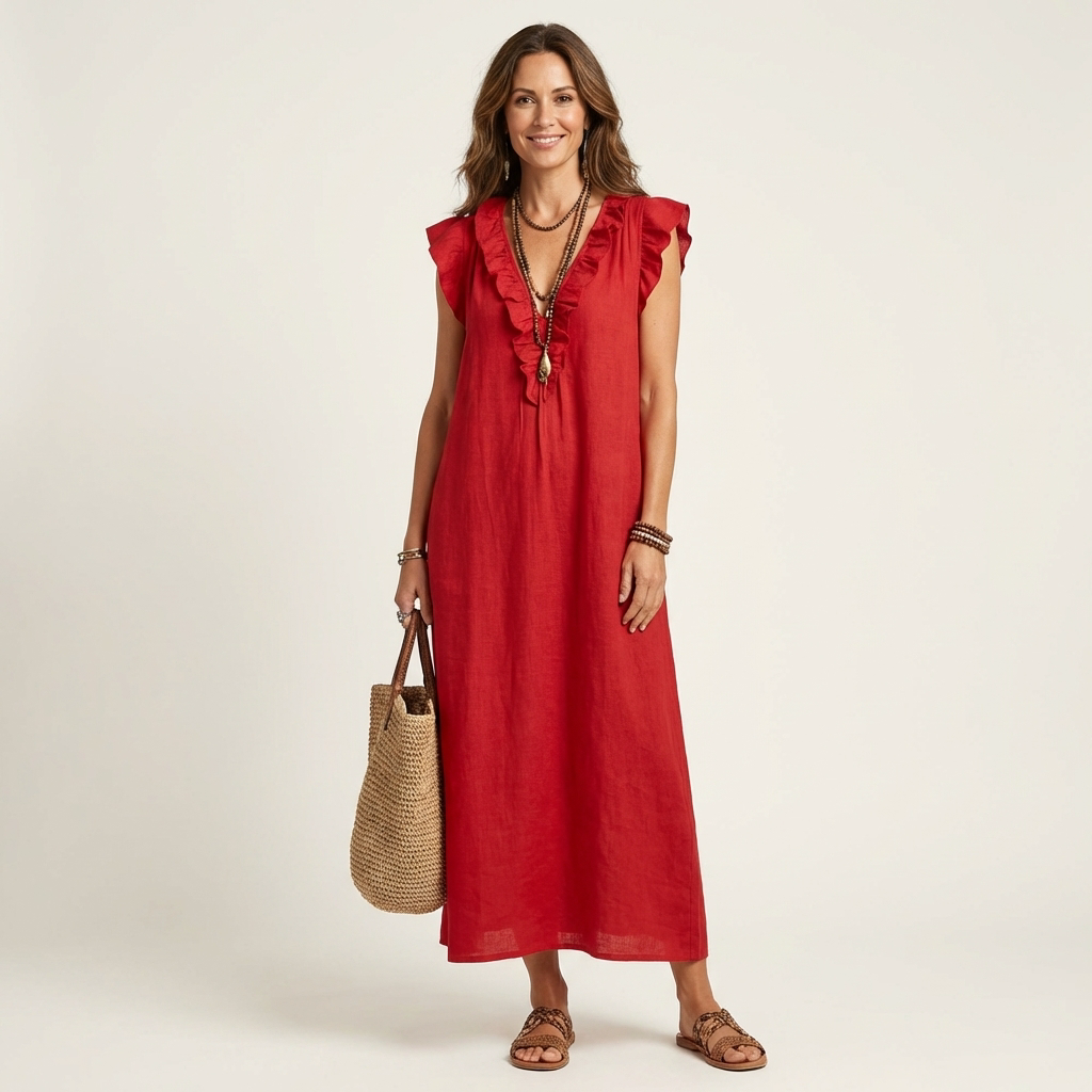 Giulia | Robe Maxi en Mélange de Lin à Volants et Décolleté en V
