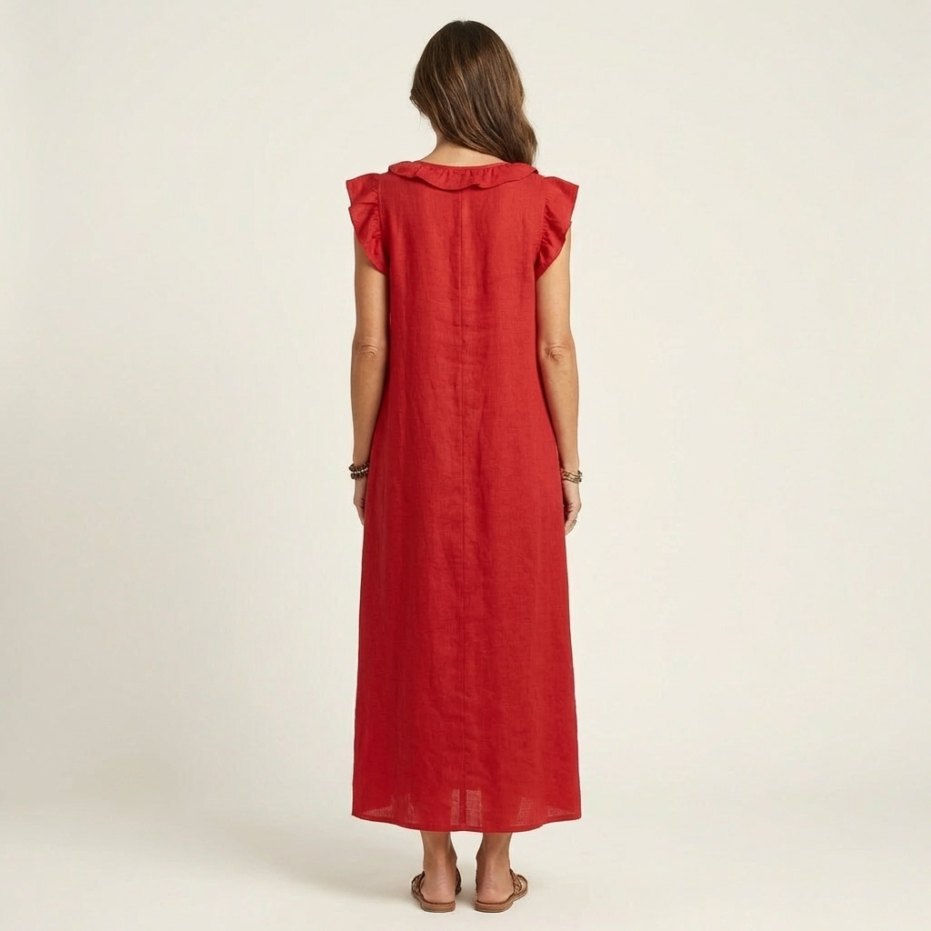 Giulia | Robe Maxi en Mélange de Lin à Volants et Décolleté en V