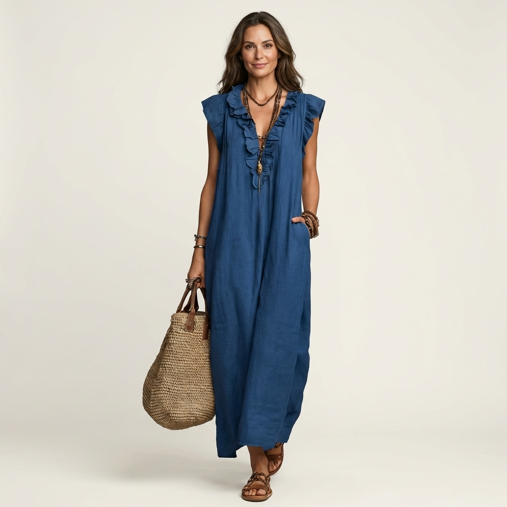 Giulia | Robe Maxi en Mélange de Lin à Volants et Décolleté en V