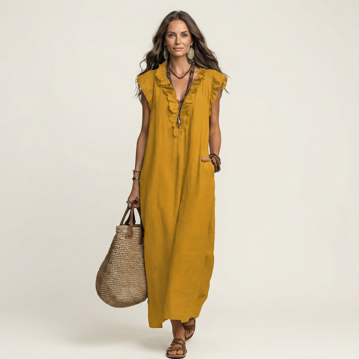 Giulia | Robe Maxi en Mélange de Lin à Volants et Décolleté en V