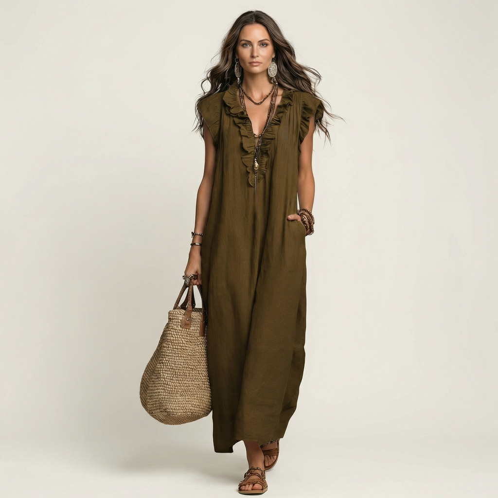 Giulia | Robe Maxi en Mélange de Lin à Volants et Décolleté en V