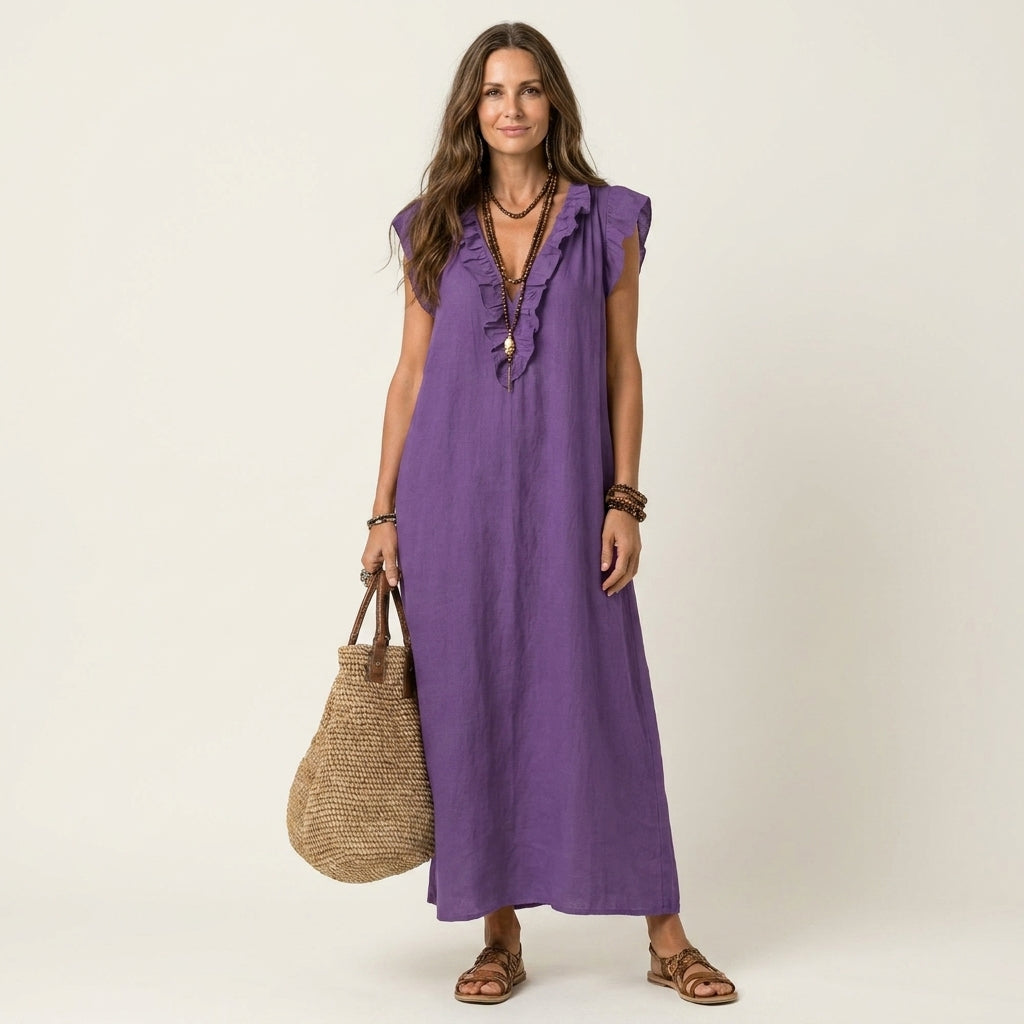 Giulia | Robe Maxi en Mélange de Lin à Volants et Décolleté en V