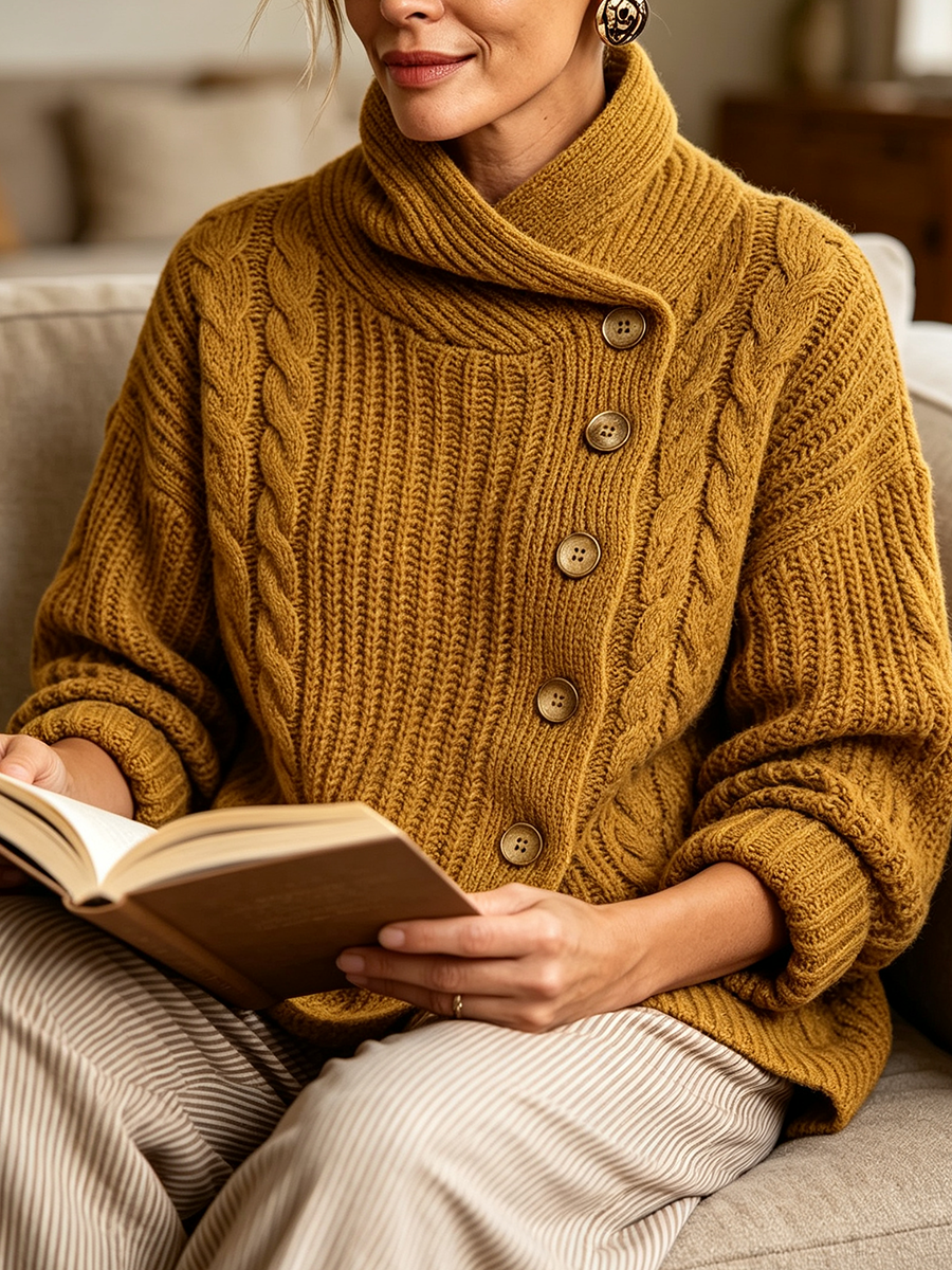 Tullia | Cardigan en Maille Torsadée à Fermeture Asymétrique, Moutarde