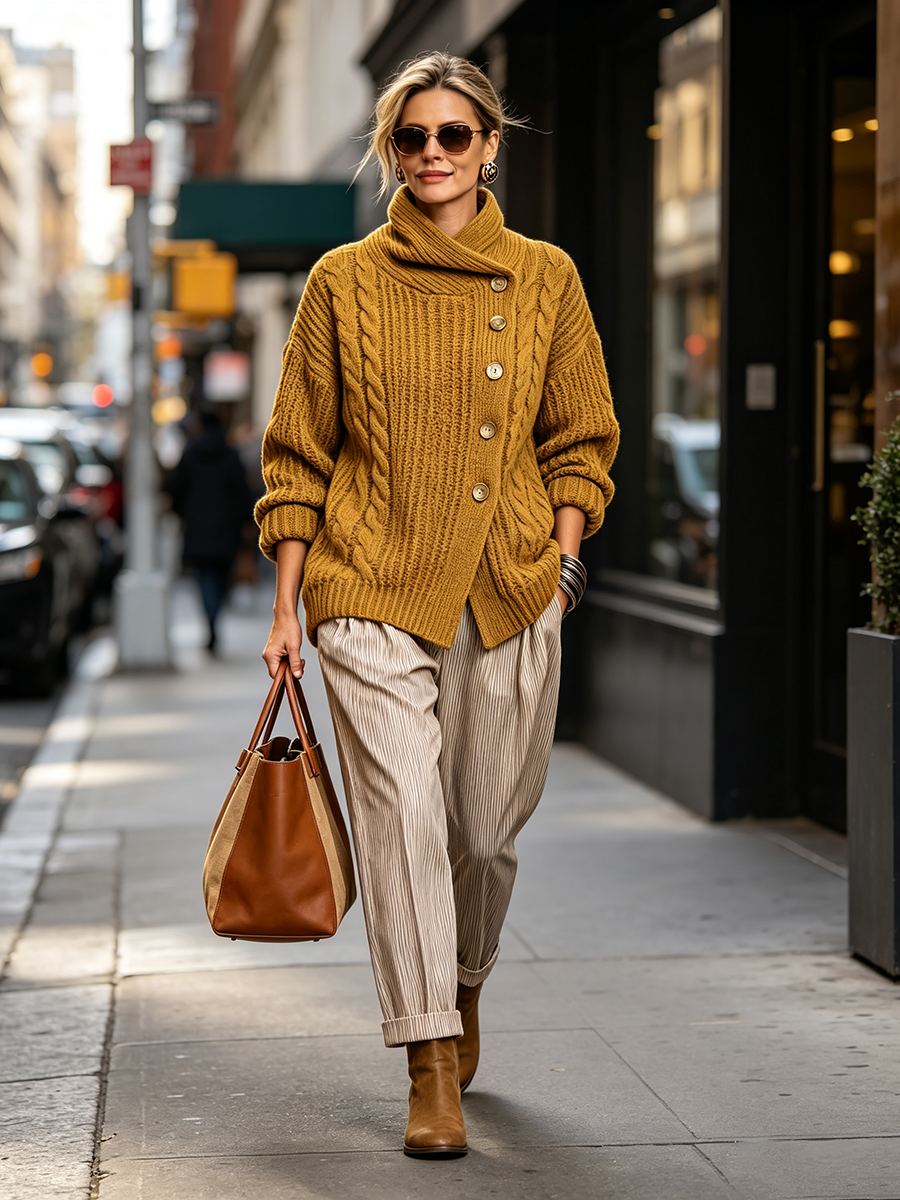 Tullia | Cardigan en Maille Torsadée à Fermeture Asymétrique, Moutarde