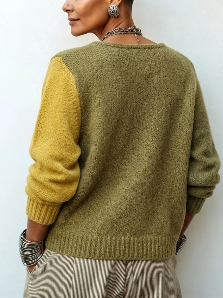 Ottavia | Cardigan Oversize Color Block en Maille, Vert Olive et Moutarde