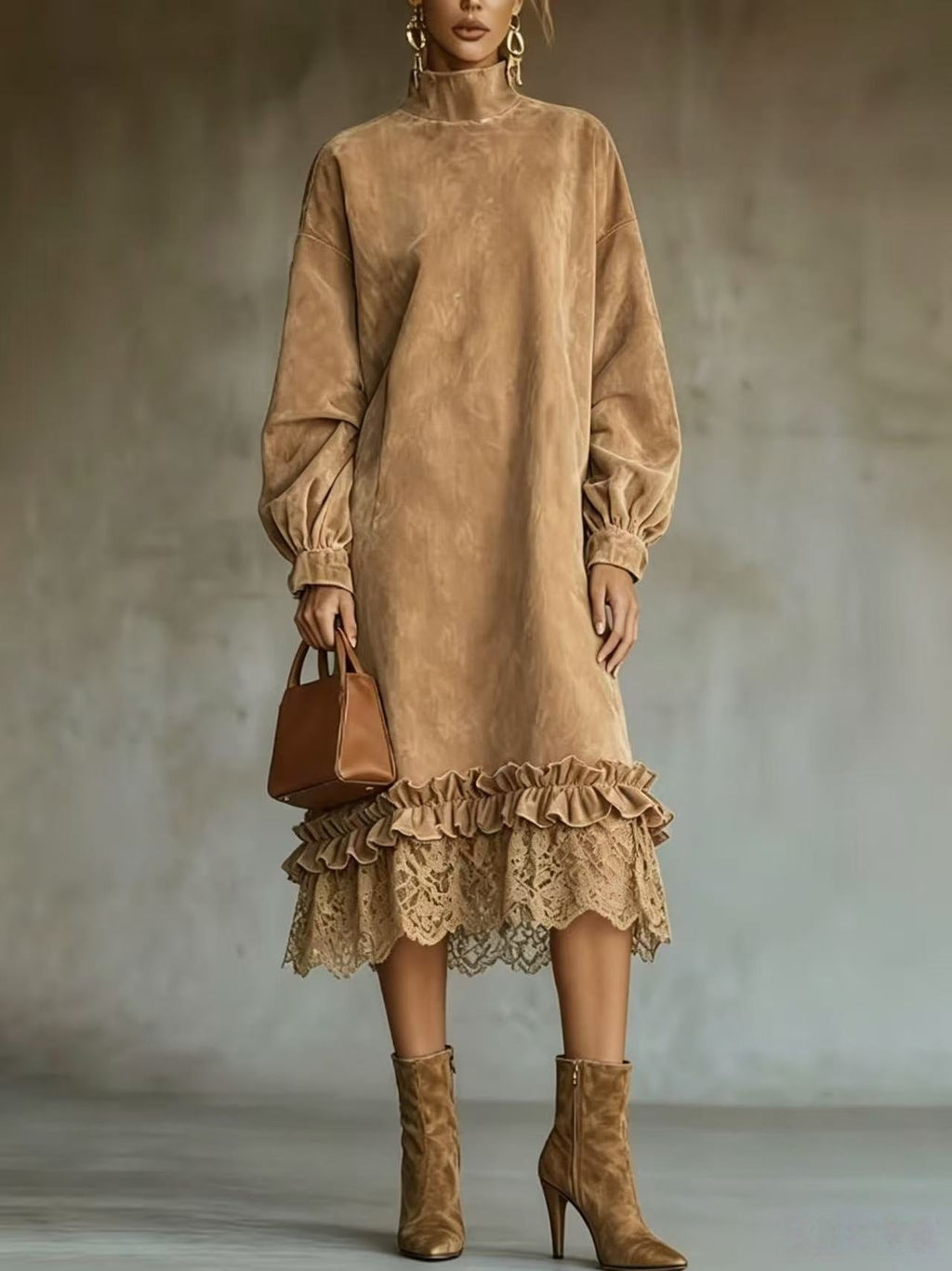 Sveva | Robe Midi en Suédine à Ourlet Volanté en Dentelle