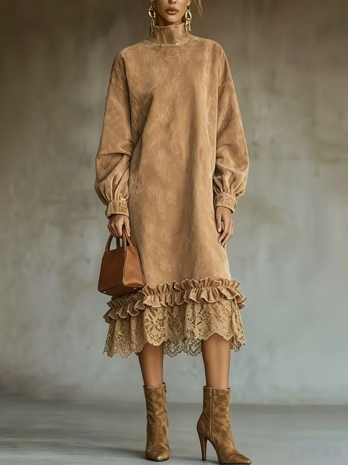 Sveva | Robe Midi en Suédine à Ourlet Volanté en Dentelle