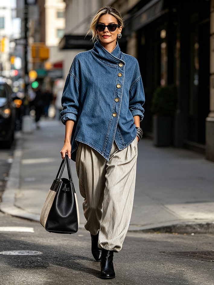Isotta | Chemise Oversize en Denim à Boutonnage Diagonal, Bleu