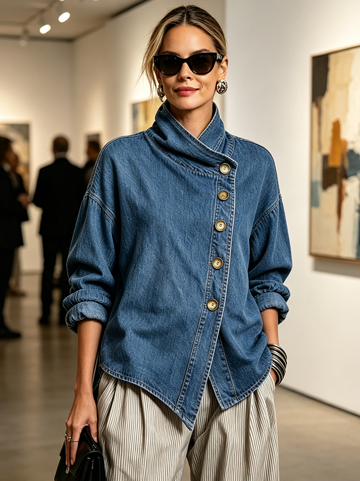 Isotta | Chemise Oversize en Denim à Boutonnage Diagonal, Bleu