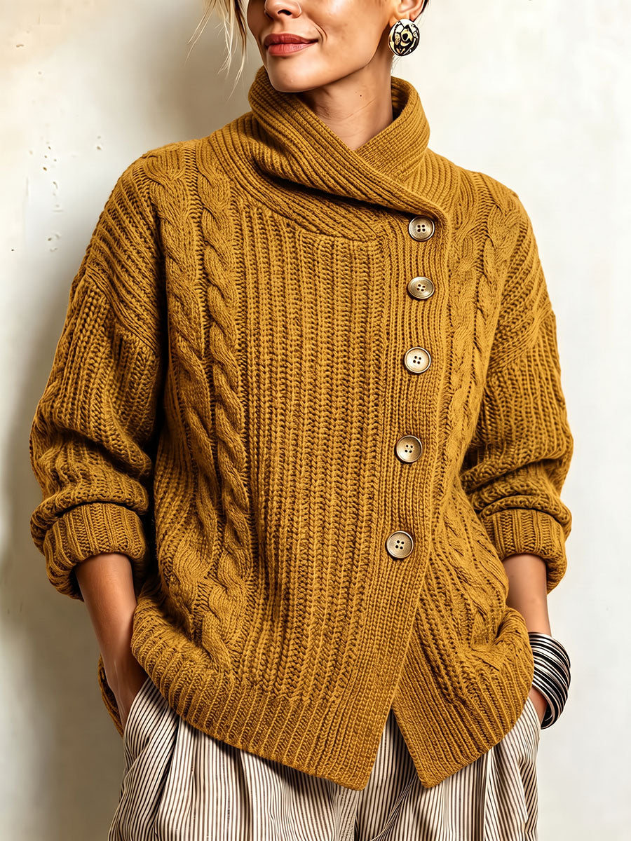 Tullia | Cardigan en Maille Torsadée à Fermeture Asymétrique, Moutarde