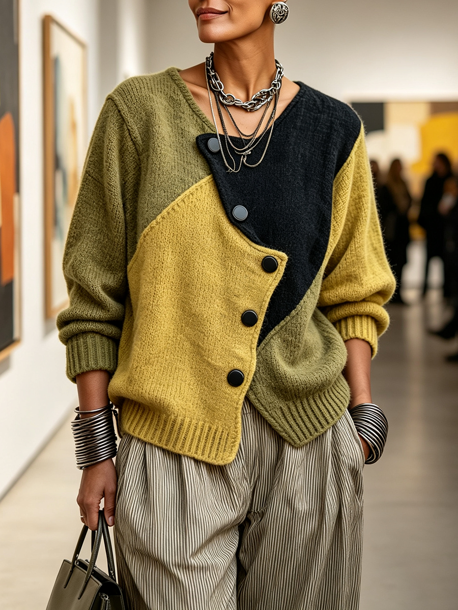 Ottavia | Cardigan Oversize Color Block en Maille, Vert Olive et Moutarde