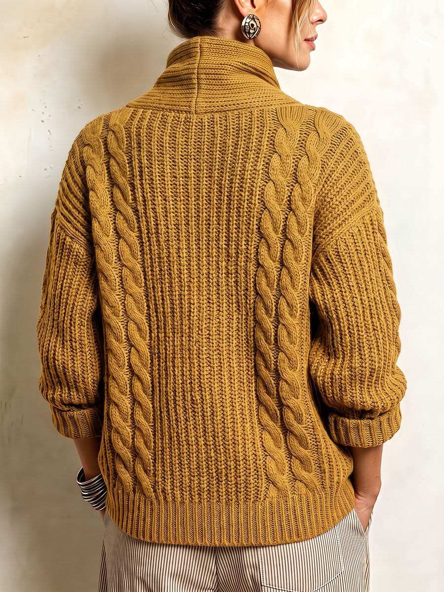 Tullia | Cardigan en Maille Torsadée à Fermeture Asymétrique, Moutarde