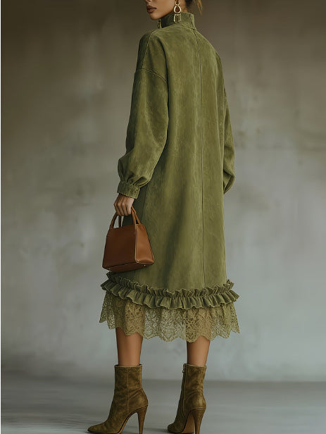 Sveva | Robe Midi en Suédine à Ourlet Volanté en Dentelle