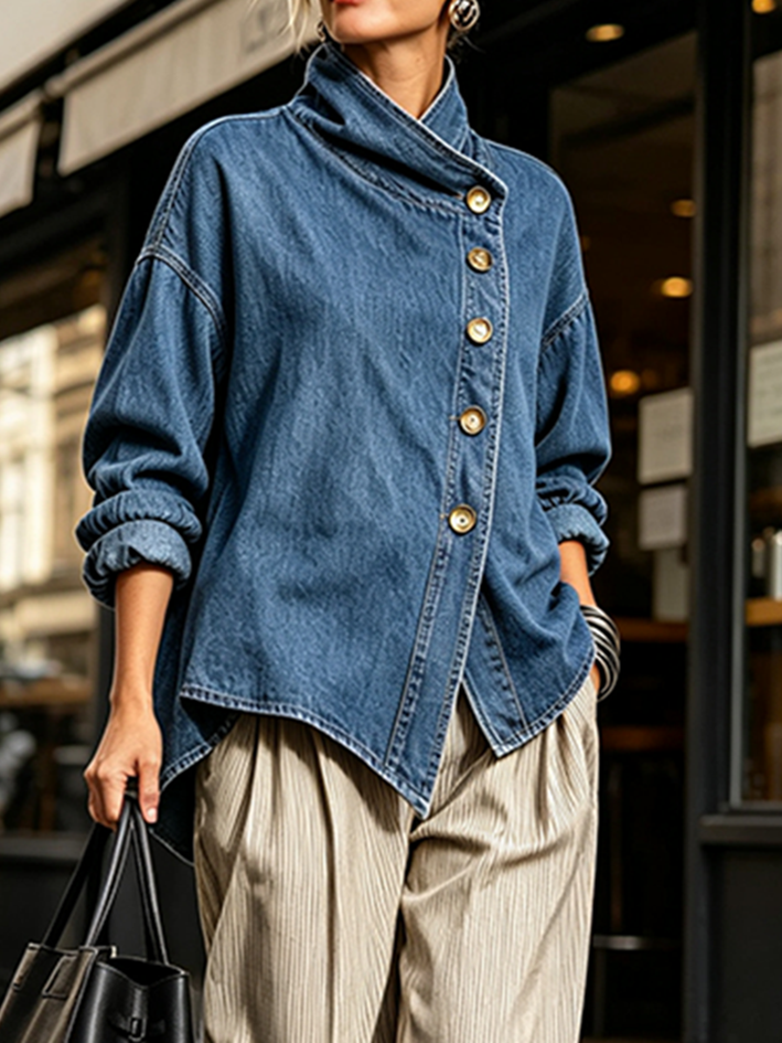 Isotta | Chemise Oversize en Denim à Boutonnage Diagonal, Bleu