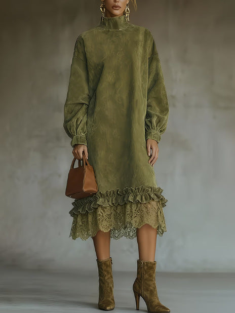 Sveva | Robe Midi en Suédine à Ourlet Volanté en Dentelle