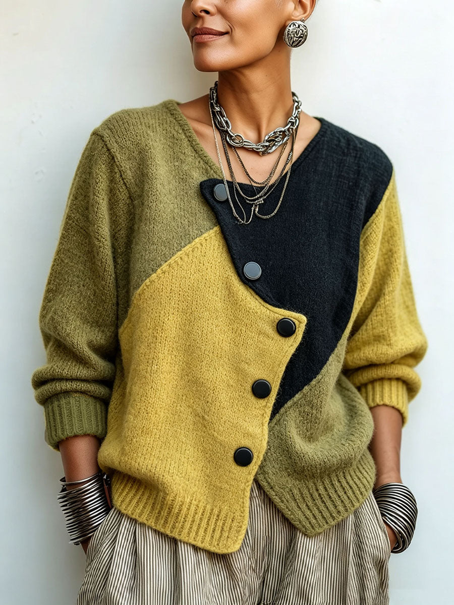 Ottavia | Cardigan Oversize Color Block en Maille, Vert Olive et Moutarde