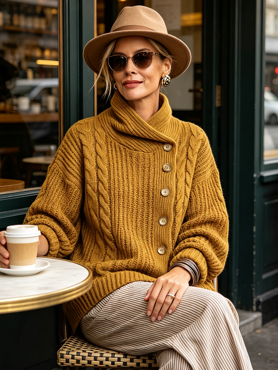 Tullia | Cardigan en Maille Torsadée à Fermeture Asymétrique, Moutarde