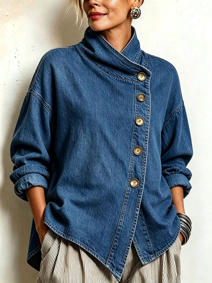 Isotta | Chemise Oversize en Denim à Boutonnage Diagonal, Bleu