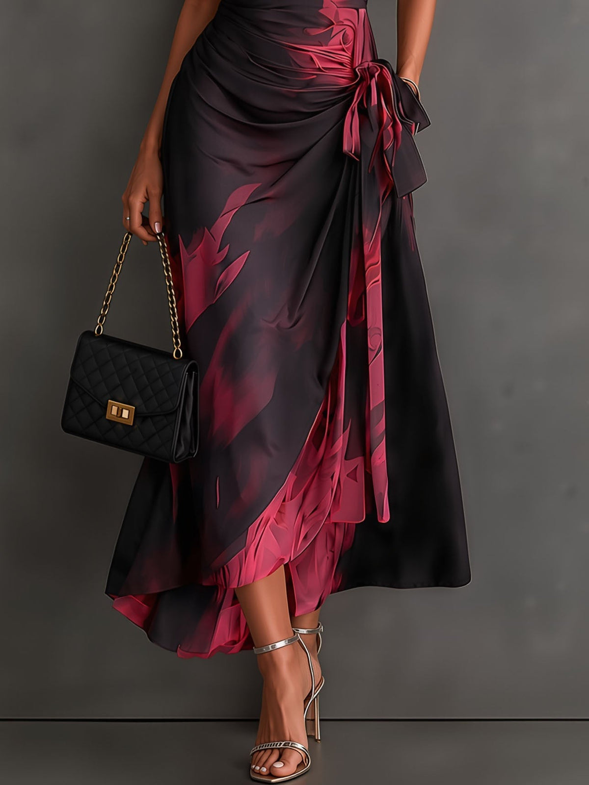 Malasia | Robe midi portefeuille abstraite rouge et noire à col chemise, décolleté en V