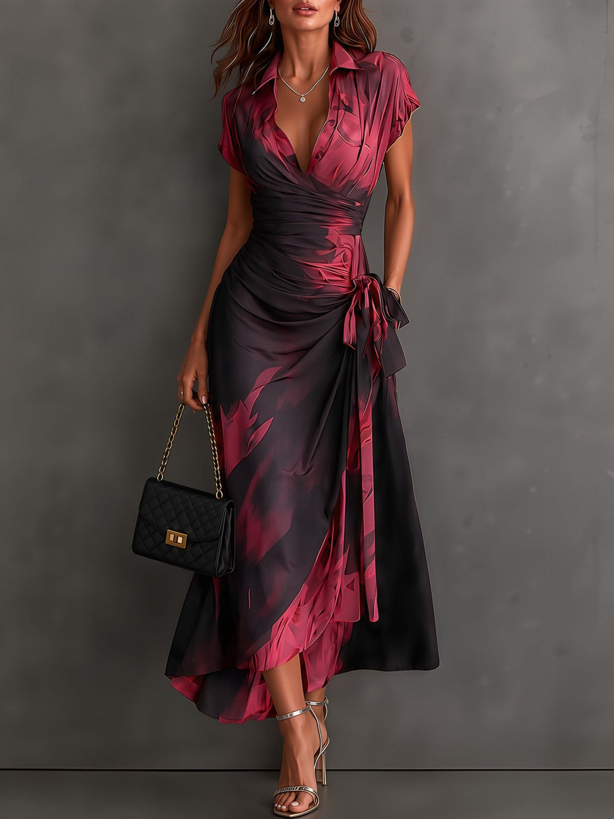 Malasia | Robe midi portefeuille abstraite rouge et noire à col chemise, décolleté en V